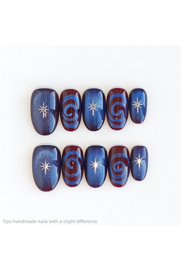 S 10pcs Handmade Blue Purple Star Swirl Press on Nails Short oval Wearable Reusable Shiny INS False.