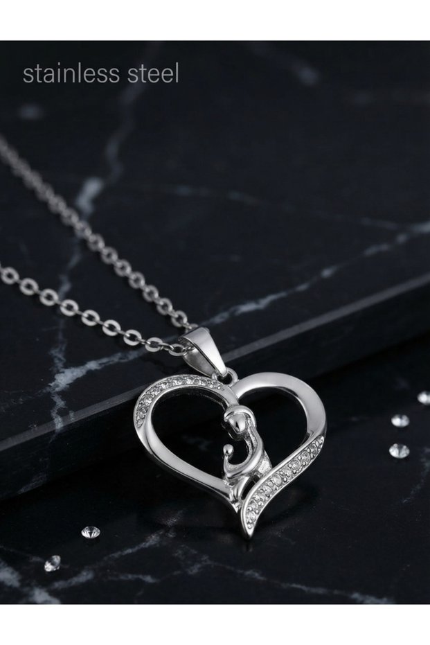 316L Steel Silver Color Chain Zircon Stone Detailed Mother Daughter Heart Model Necklace