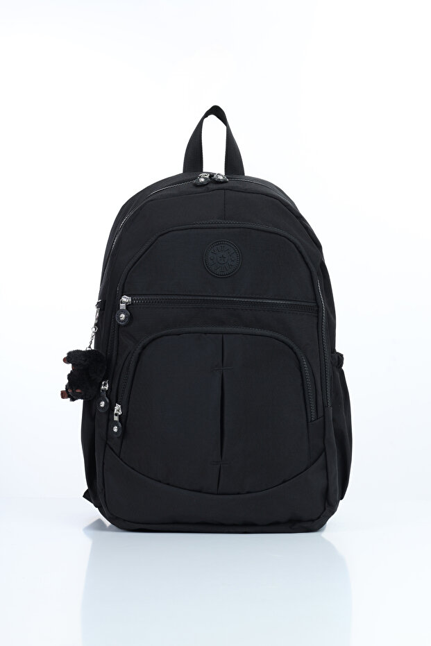 Vital Series Black Crinkle Fabric Water-Resistant Plush Daily Stylish School and Travel Backpack with Keychain