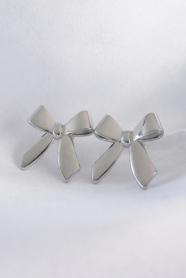 Brass Silver Color Flat Plate Bow Earrings
