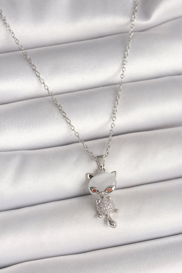316L Steel Silver Color Chain Zircon Stone Cat Model Women's Necklace