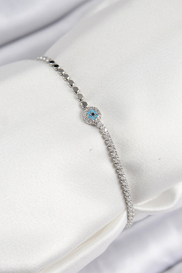 Brass Zircon Stone Evil Eye Model Crushed Chain Silver Color Women's Bracelet