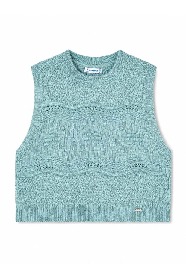 Girl's Beige Openwork Knitted Vest Sweater 2-10 Years Green