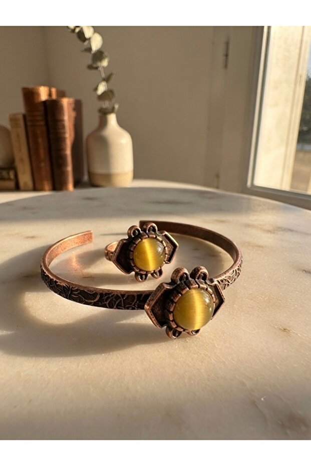 Authentic Flower Motif Copper Body Adjustable Bracelet and Ring Set with Serpentine Natural Stone