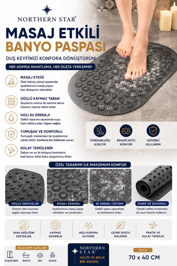 Massage Silicone Bath Mat with Suction Cup Bathroom and Shower Anti-Slip Gray Color Anti-Slip