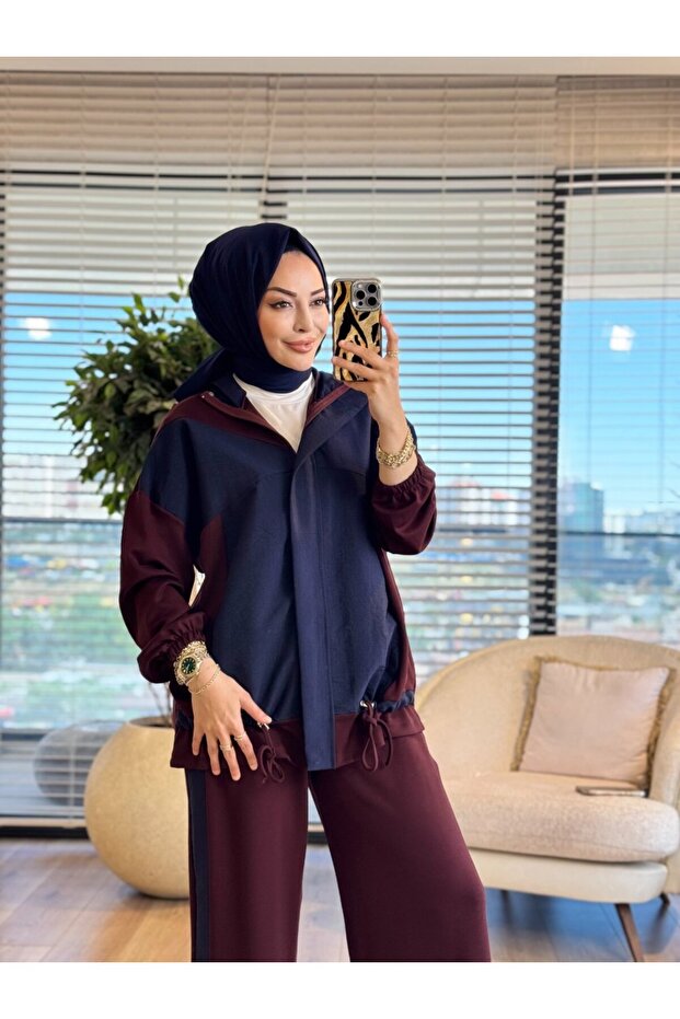 22850 بدلة بسحّاب أمامي على شكل مثلث باللون الأحمر الداكن