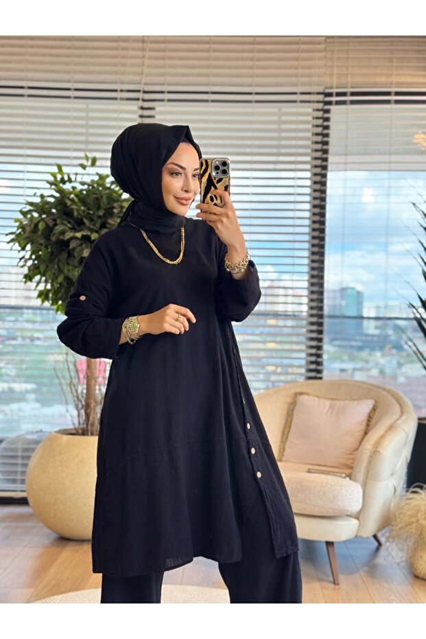 7107 طقم تونيك طويل بأزرار جانبية من الكتان باللون الأسود