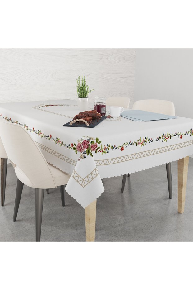 Elegant Roses Patterned Linen Effect Seamless Tablecloth