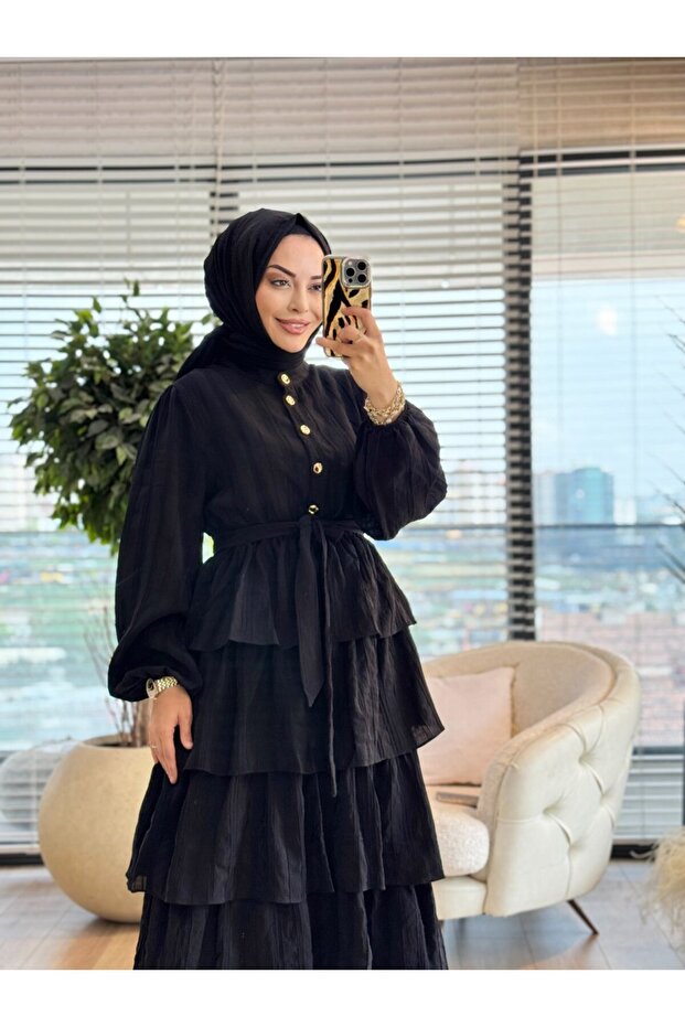 25130 فستان منقوش ذاتي التصميم بخمس طبقات باللون الأسود