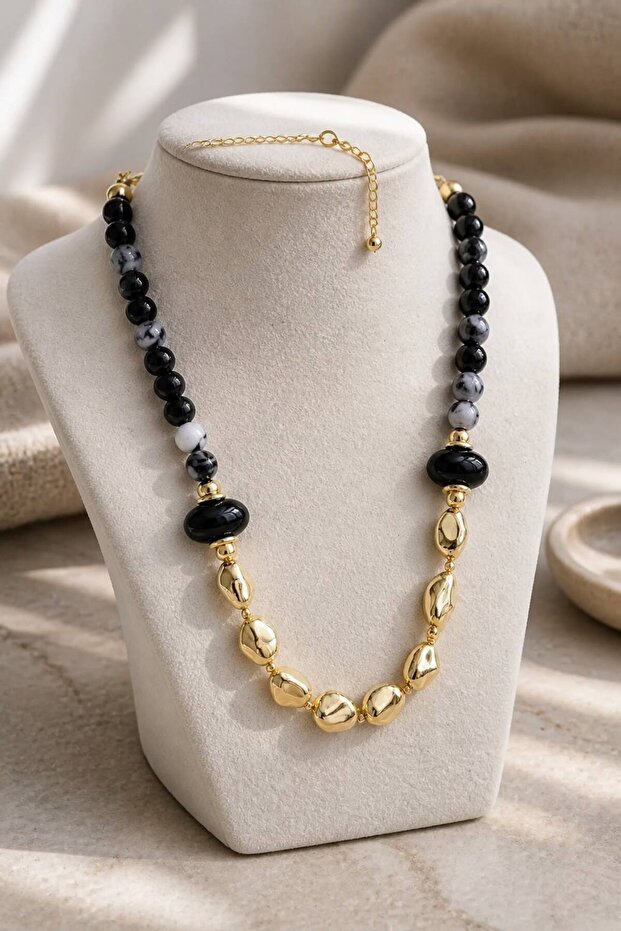 Natural Stone Look Marbled Beaded Sculptural Necklace - Statement Chunky Necklace