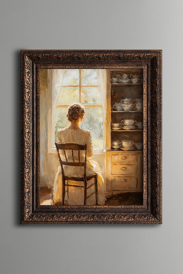 Woman Sitting in Front of the Window - Vintage Patterned Painting - Thick Model