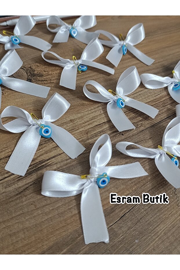 فيونكة من الساتان الأبيض مزينة بخرز العين الشريرة، للهدايا، الزفاف، الخطوبة، الختان، العلب، الهدايا التذكارية، 10 قطع