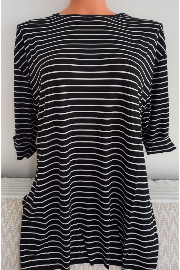 Er Clothing Summer Combed Cotton Blouse Crew Neck Capri Sleeve Black Striped