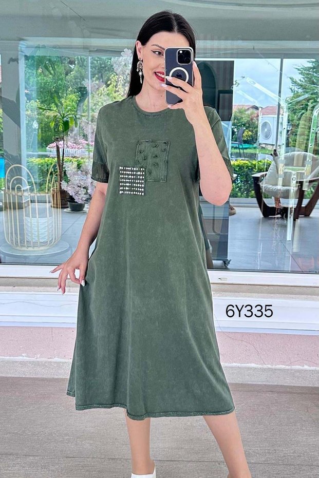 Sleeves with Mesh Detail Washed Cotton Fabric Dress 6Y335