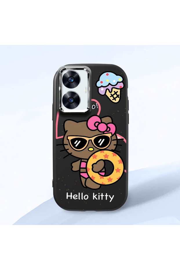 Realme C55 Compatible Case Camera Protector Black Silicone Couple Phone Case with Kitty Pattern