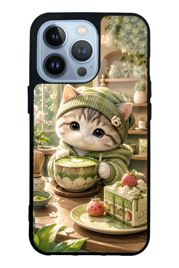iPhone 13 Pro Matcha Kitty Café Design Glossy Phone Case
