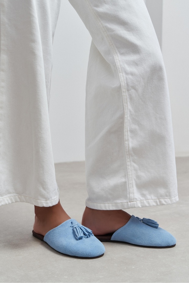 Nella Bebe Blue Genuine Suede Leather Tassel Detail Flat Sole Women's Slippers