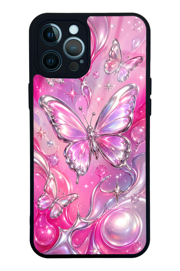 iPhone 12 Pro Max Pink Prism Butterfly Design Glossy Phone Case