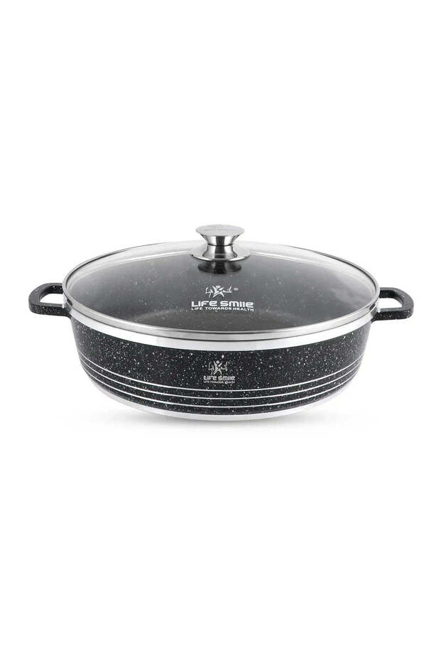 Life Smile 36 cm Oven-Safe Granite Coating Cooking Pot with Glass Lid Beige/Black