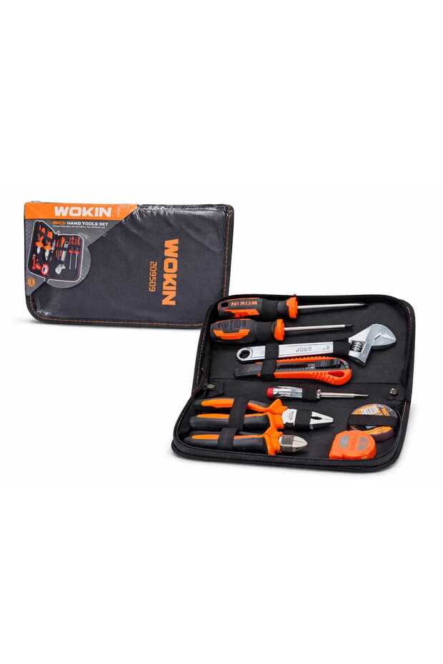 9PCS Hand Tools Set with Voltage Tester – Screwdrivers, Adjustable Wrench, Pliers, Cutter Knife, Measuring Tape & Insulating Tape with Storage Case