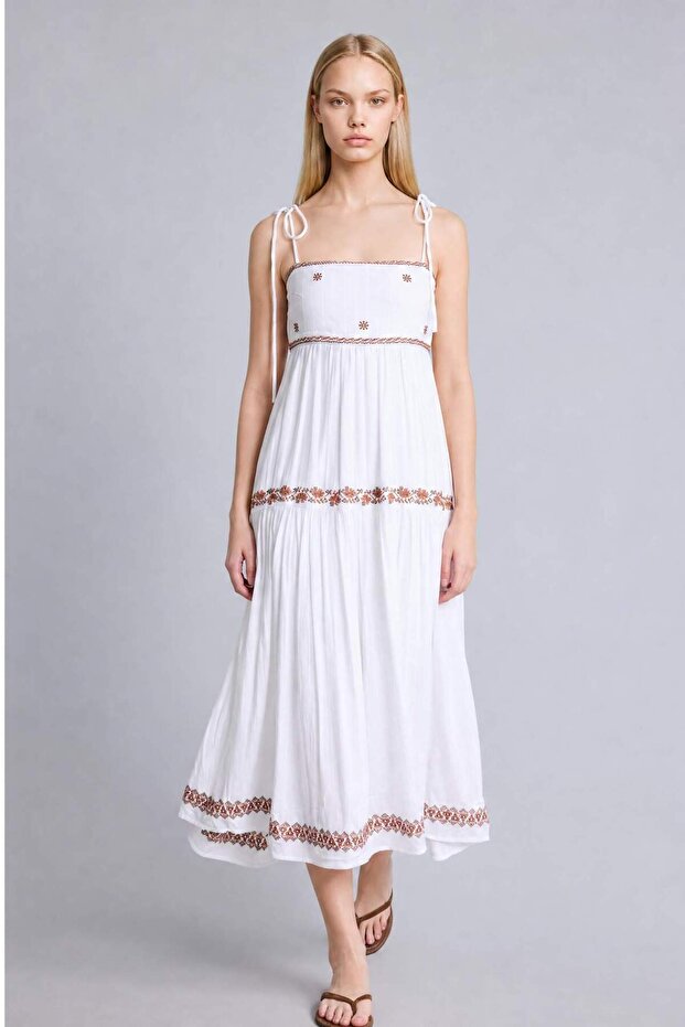 Square Neck Cotton Sleeveless Beige Dress G7993Ax26Sm