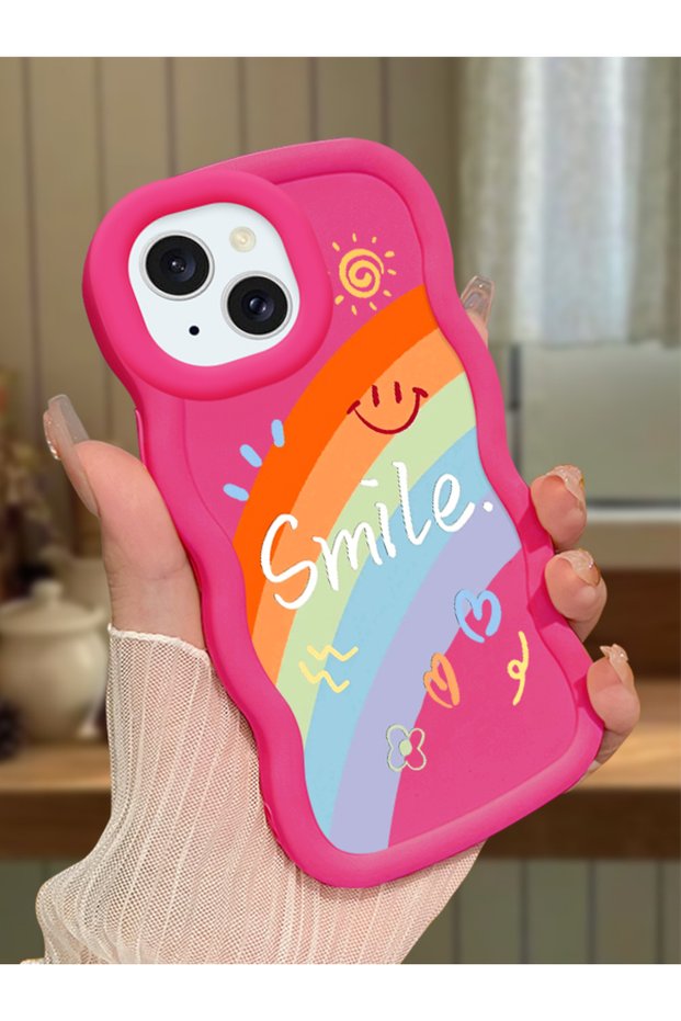 iPhone 13 Compatible Case Camera Protector Red Silicone Couple Phone Case Rainbow Pattern