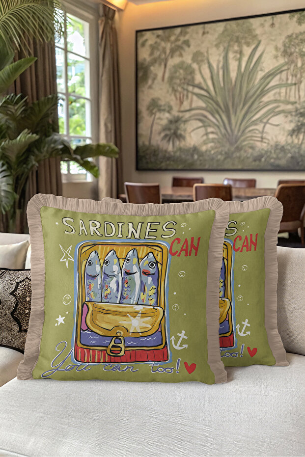 Sardines Sardine Canned Patterned Fringed Pillowcase-Pop Art Marin Mink Tassel Throw Pillow Cover