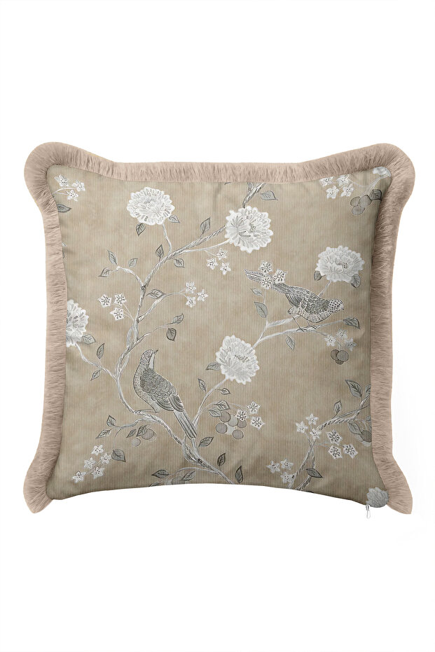 Fringed Pillowcase with Bird and Floral Spring Motifs - Botanical Beige Gray Mink Tassel Throw Pillow Cover