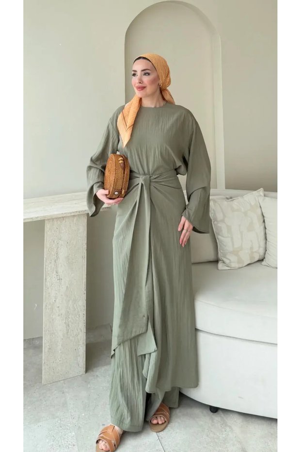 Women's Three-Piece Hijab Set with Crossed Waist Tied Pants - Khaki