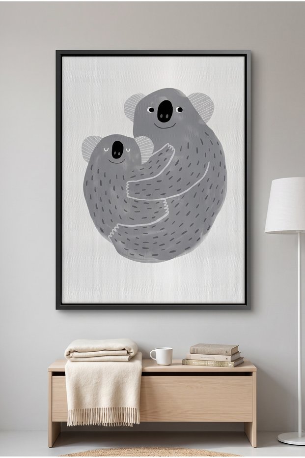 Mother and Child Koala Cuddle Kids Wall Art | Portrait Framed Canvas Print | Luxury Modern Decor for Kids Room