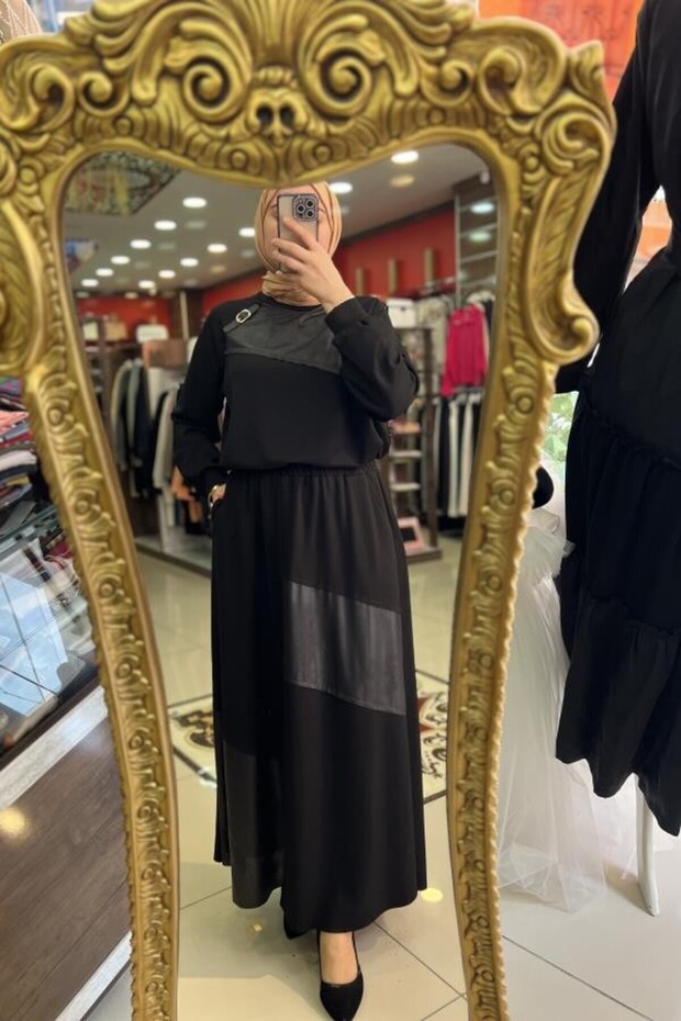 بدلة تنورة جلدية مفصلة
