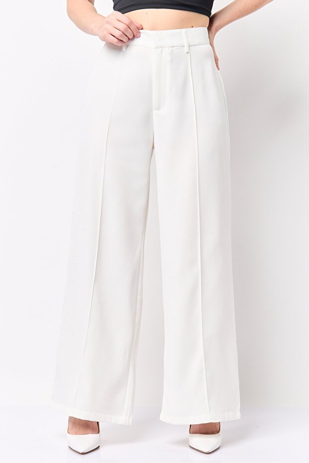 Women Regular Fit Plain Wide Leg Pants, White