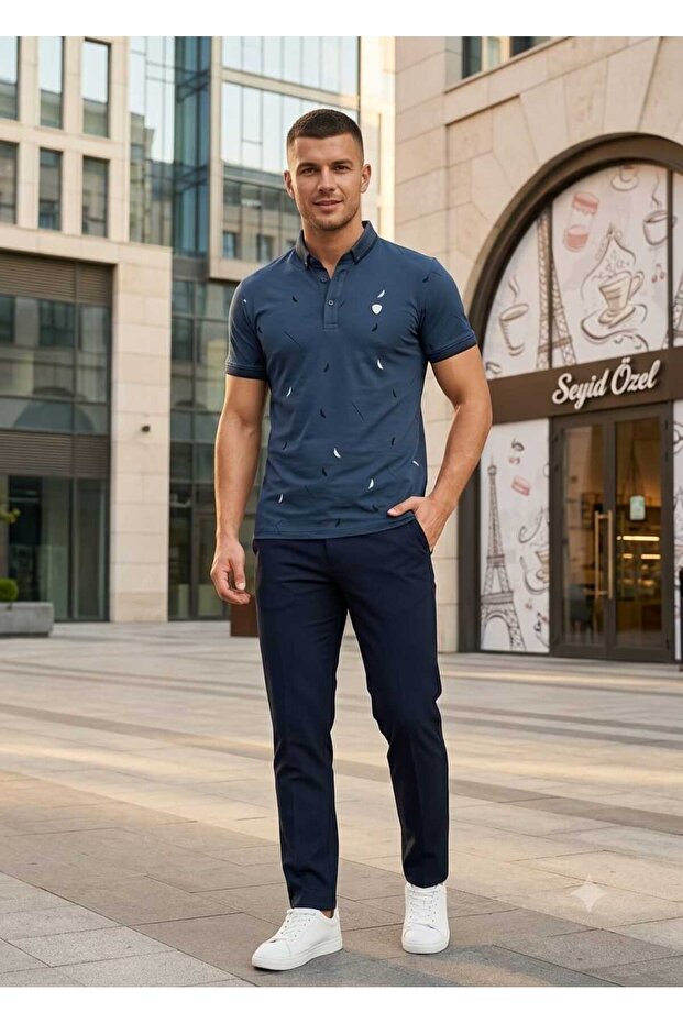 Men's Leaf Pattern Polo Collar T-Shirt