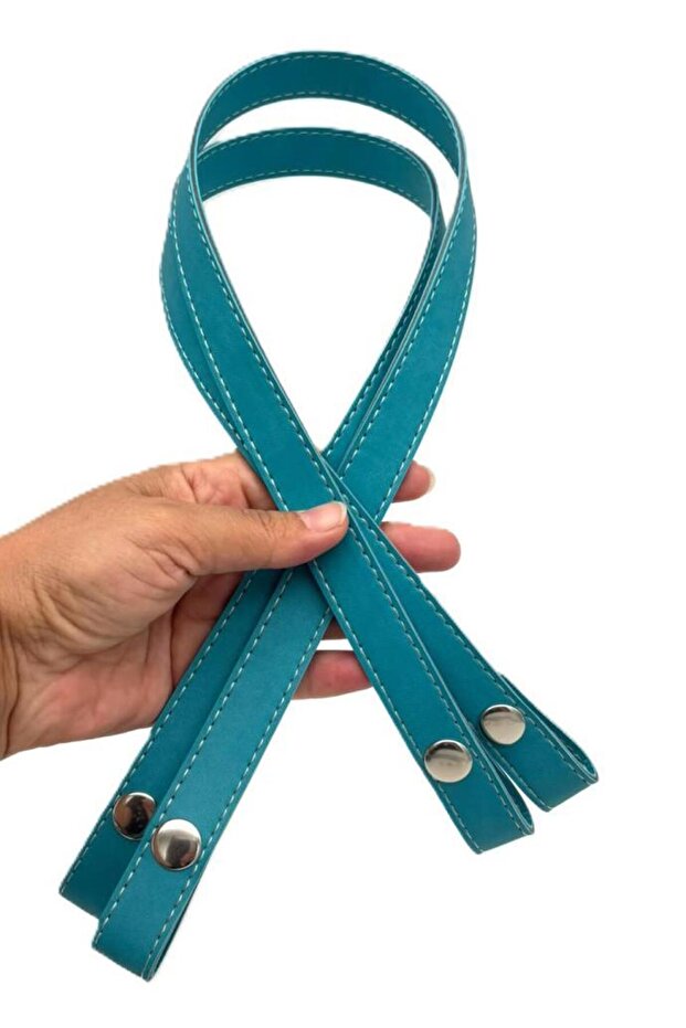 Double Layer Stitched Faux Leather Turquoise Color Snap Fastener Bag Handle 70 cm Silver Metallic