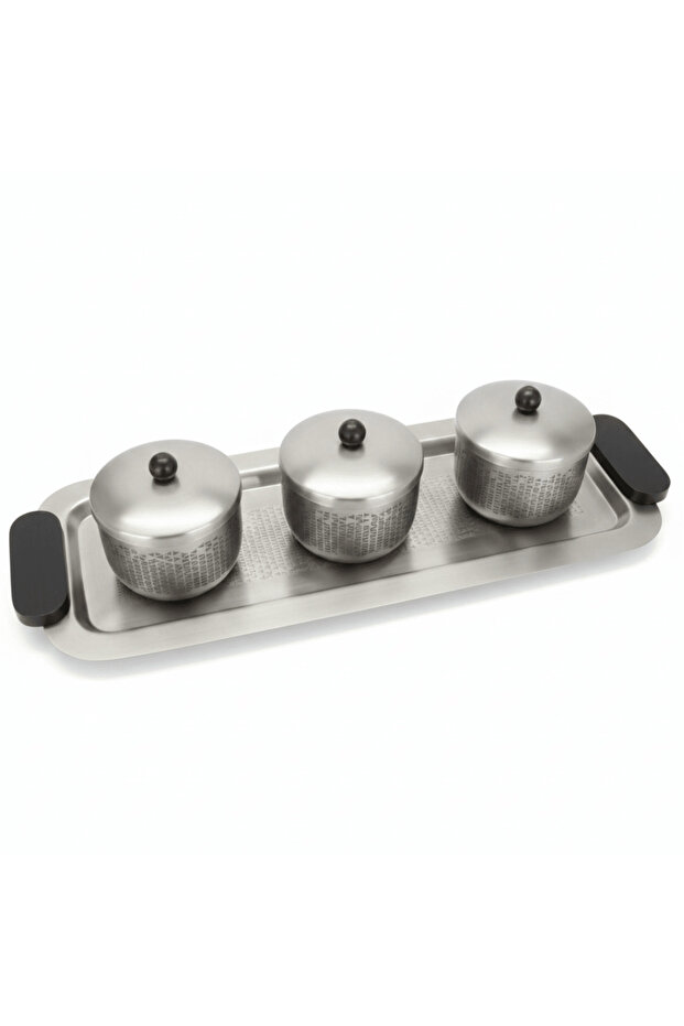 Luhpar Brushed Silver Stainless Steel Serving Tray with 3 Lidded Bowls & Black Wooden Handles | 55×20×10 cm