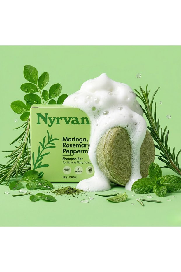 Moringa Rosemary & Peppermint Shampoo Bar for Hair Growth & Anti-Dandruff, Hard Water Scalp Reset Shampoo for Itchy Flaky Scalp UAE, Sulfate Free, Vegan, 80 Wash (80g)