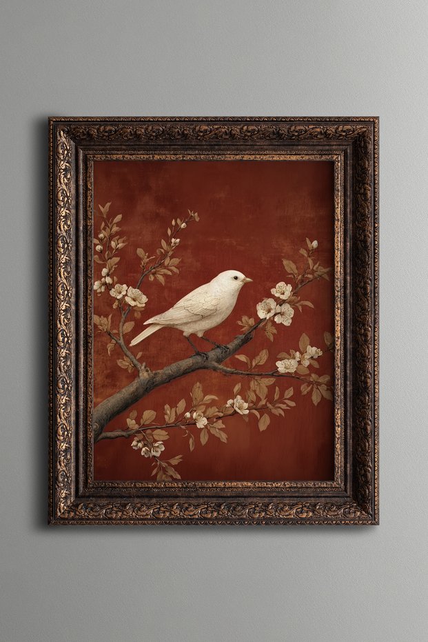 White Bird and Floral Branch Painting - Vintage Patterned Painting - Thick Model