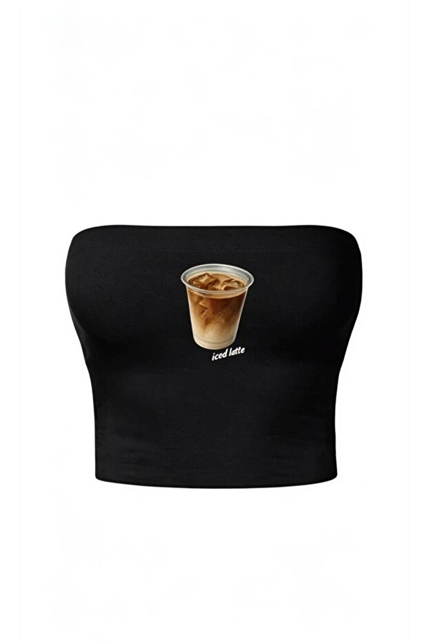 قميص قصير بدون أكتاف باللون الأسود مطبوع عليه Morning Iced Latte