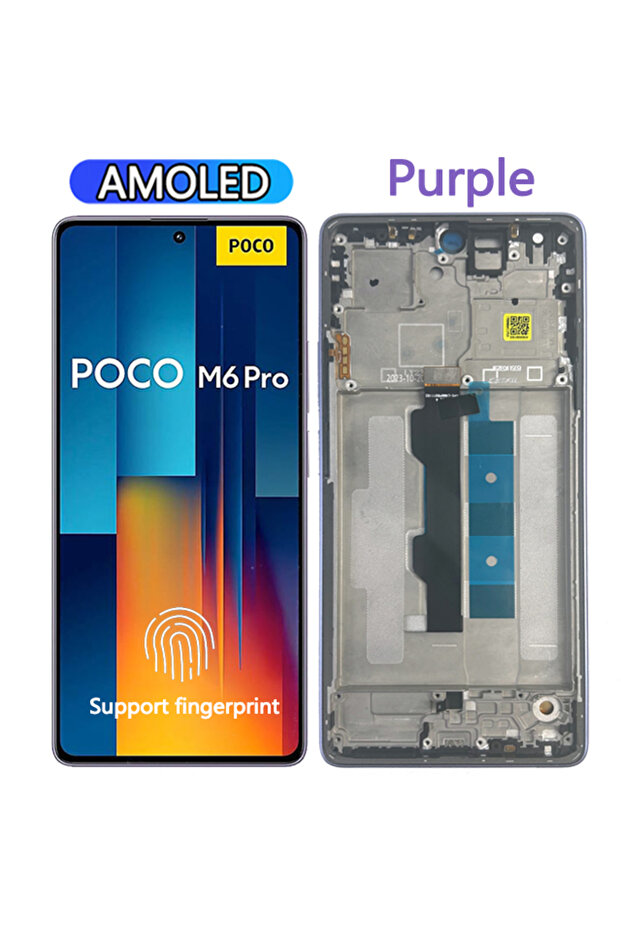 شاشة AMOLED بإطار أرجواني مقاس 6.67 بوصة لهاتف Poco M6 Pro 4G، شاشة LCD تعمل باللمس مع محول رقمي