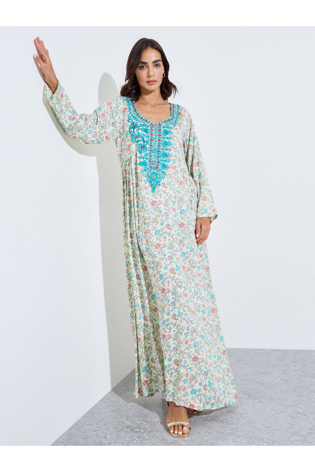 All Over Printed Jalabiya At Neck And Sleeve Hem