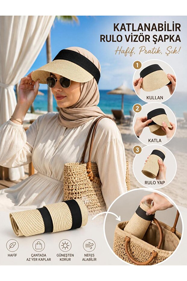 Foldable Roll-Up Straw Visor Hat, Women's Summer Straw Sun Hat, Portable Beach Hat in a Bag