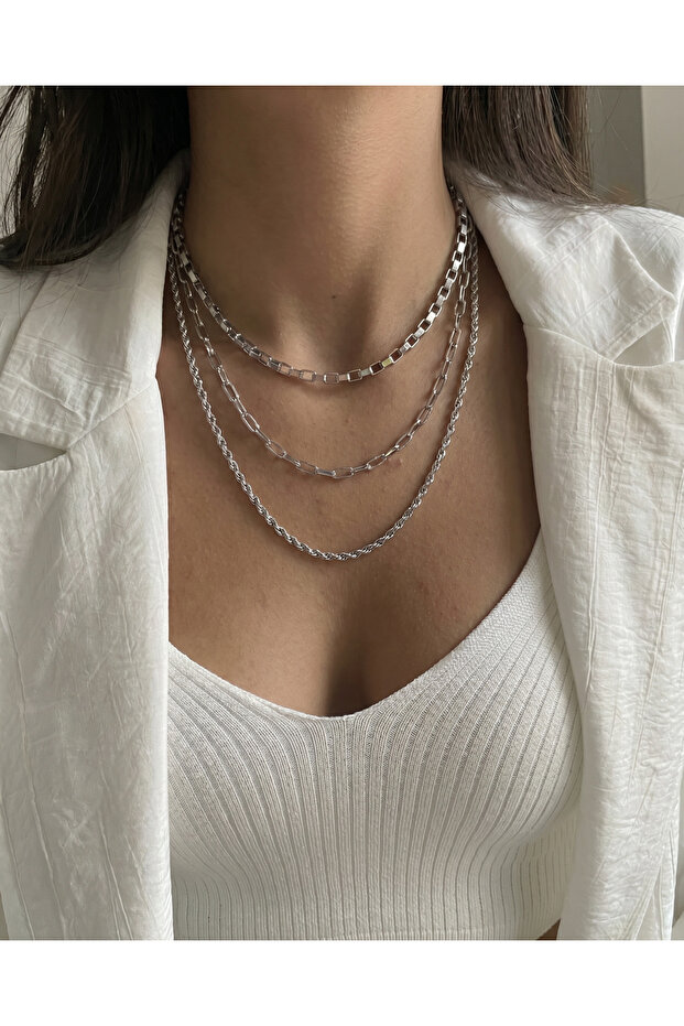 Silver Color 3 Layered Chain Necklace