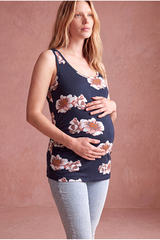 Maternity Dark Navy Blue Viscose Crew Neck Sleeveless Floral Printed Long Undershirt Lacey