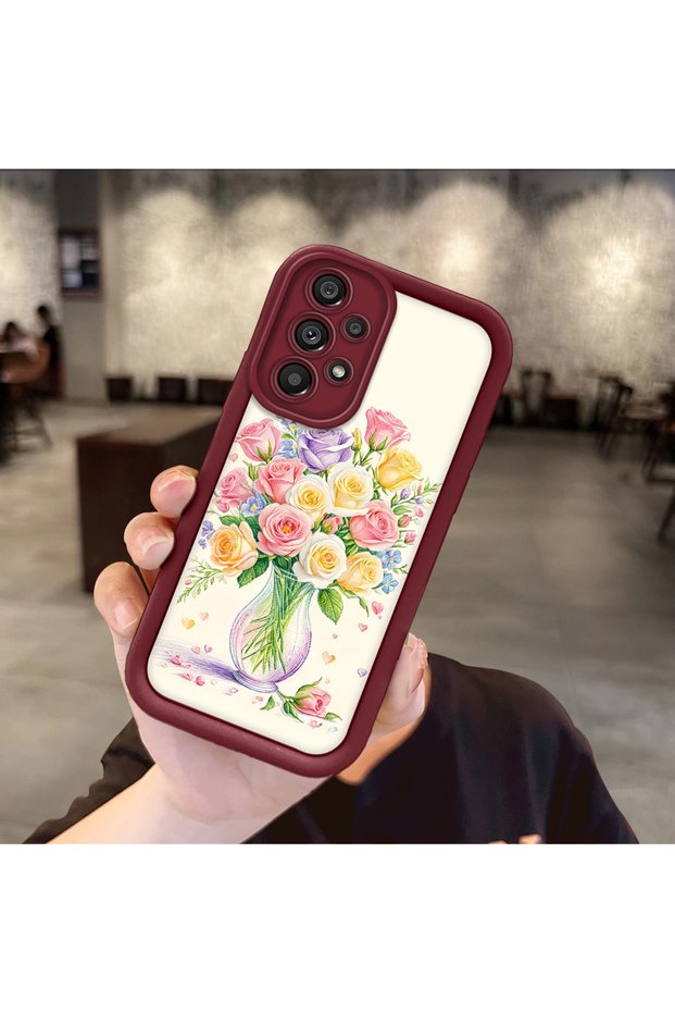 Samsung Galaxy A73 Compatible Case Camera Protector Burgundy Silicone Couple Phone Case Floral Pattern