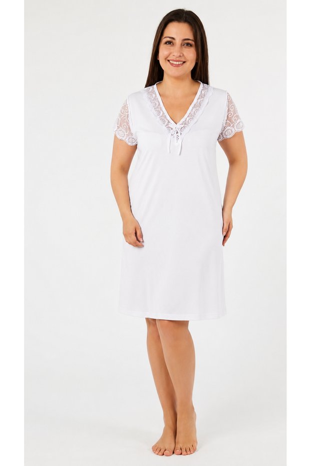 Women's Plus Size Ring Viscose V-Neck Nightgown(Dress) Short Sleeve Lace Detailed Comfortable Fit