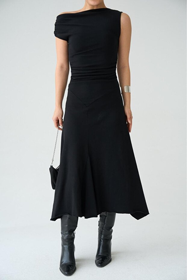 Asymmetrical Collar Stretch Fabric Black Color Dress