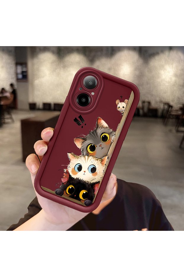 Realme C67 Compatible Case Camera Protector Claret Red Silicone Couple Phone Case Cat Pattern