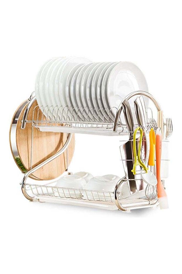 2-Tier Dish Drying Rack With Removable Drain Board White/Silver 41.5x14x25.5cm
