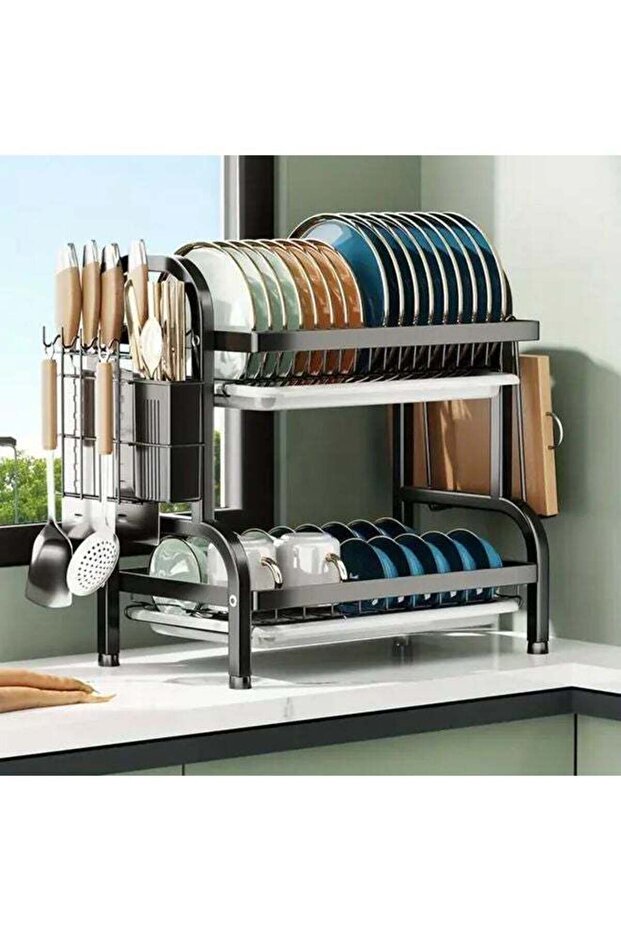 Three Tier Black Dish Drying Rack Large Capacity With Removable Utensil Basket