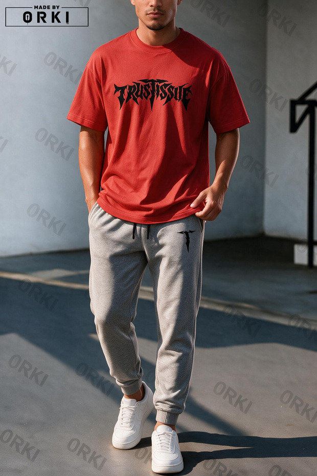 Trust Issue Printed Oversize T-Shirt & Gray Pants Tracksuit Set
